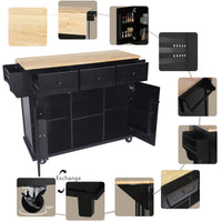 Black Kitchen Island Cart with Rubberwood Drop-Leaf Top Storage Cabinet and 3 Drawers on Wheels