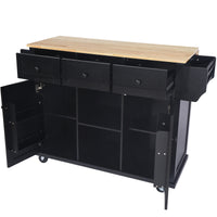 Black Kitchen Island Cart with Rubberwood Drop-Leaf Top Storage Cabinet and 3 Drawers on Wheels