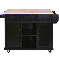 Black Kitchen Island Cart with Rubberwood Drop-Leaf Top Storage Cabinet and 3 Drawers on Wheels