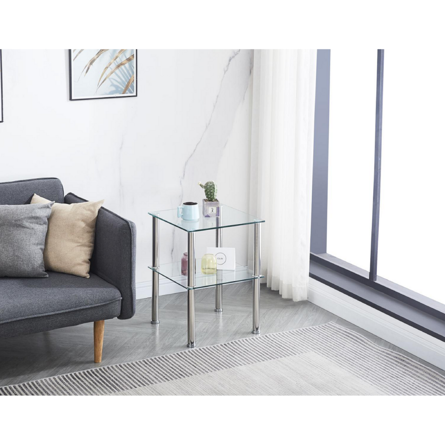 2 Layer Clear Tempered Glass Side & End Table – Elegant Modern Design for Living Room or Bedroom