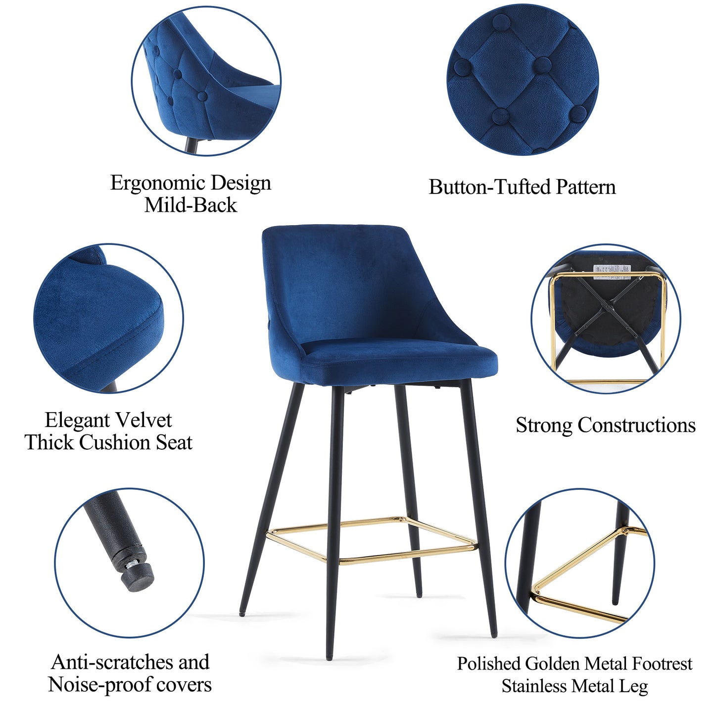 Modern Blue Velvet Swivel Bar Chair - Stylish Metal High Bar Stool for Home & Commercial Use