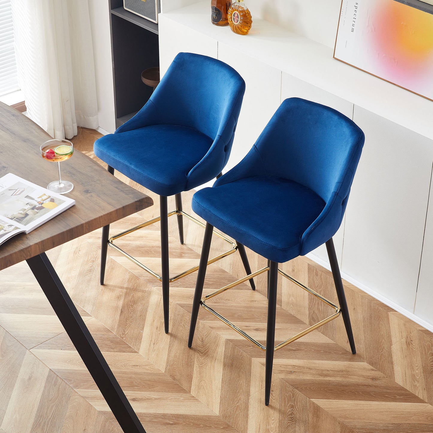 Modern Blue Velvet Swivel Bar Chair - Stylish Metal High Bar Stool for Home & Commercial Use