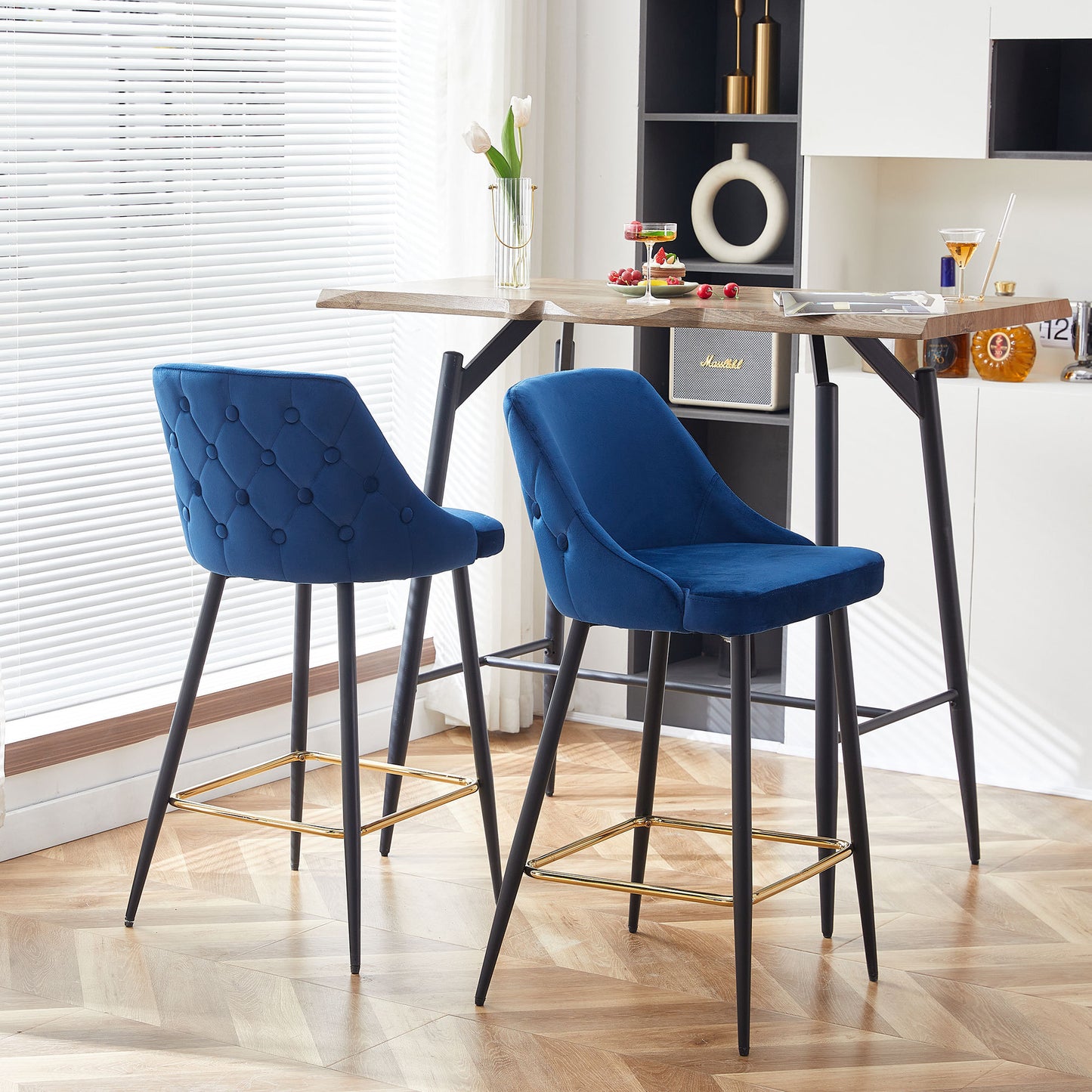 Modern Blue Velvet Swivel Bar Chair - Stylish Metal High Bar Stool for Home & Commercial Use