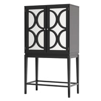 Solid Rubber Wood Wine Cabinet - Double Mirror Door Bar Organizer with Glass Holder - Stylish Sideboard for Dining Room