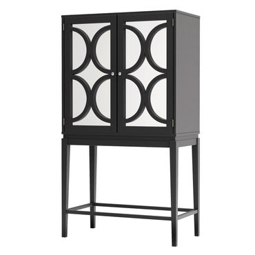 Solid Rubber Wood Wine Cabinet - Double Mirror Door Bar Organizer with Glass Holder - Stylish Sideboard for Dining Room