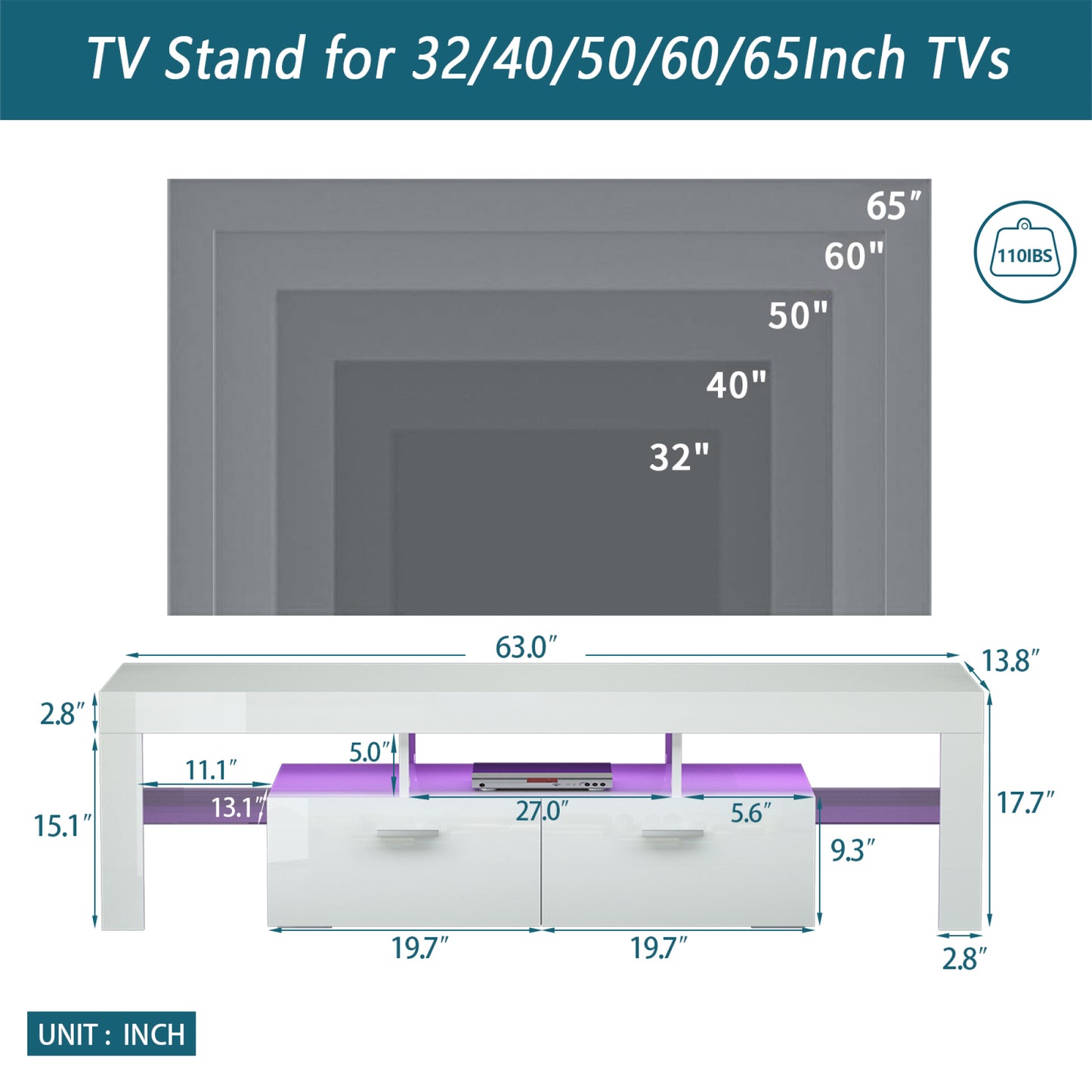 Modern White TV Stand with LED Light Belt, Remote Control, Toughened Glass Shelf, and Metal Handles - Stylish Entertainment Center