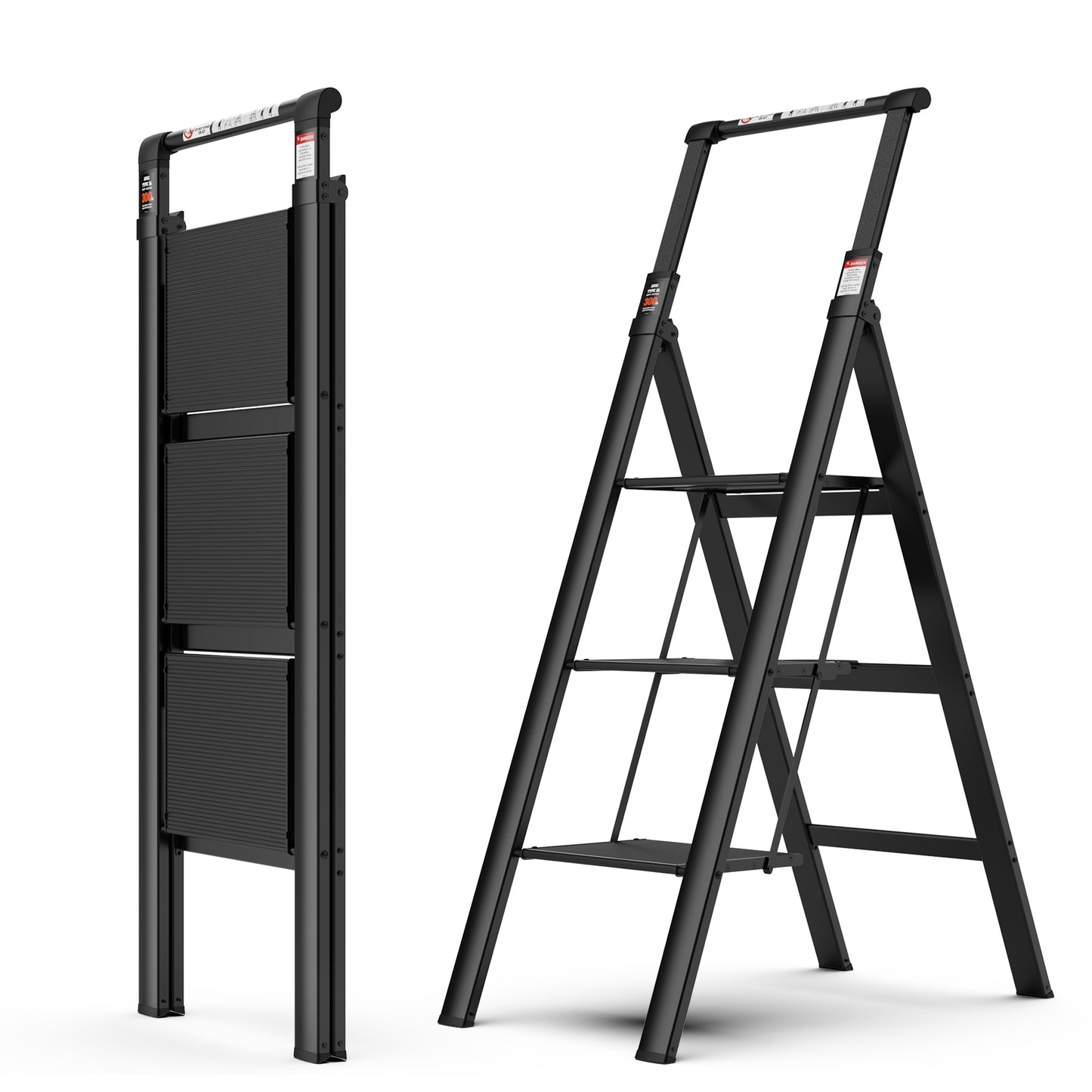 3-Step Folding Ladder with Retractable Handgrip, Anti-Slip Wide Pedal, Aluminum Construction, 300lbs Capacity - Ideal Household Step Stool