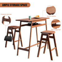 3 PCS Retro Pub Dining Set - Bar Table with Rubber Wood & Stackable Backless High Stools for 2, Shelf & Hooks