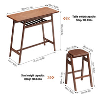 3 PCS Retro Pub Dining Set - Bar Table with Rubber Wood & Stackable Backless High Stools for 2, Shelf & Hooks