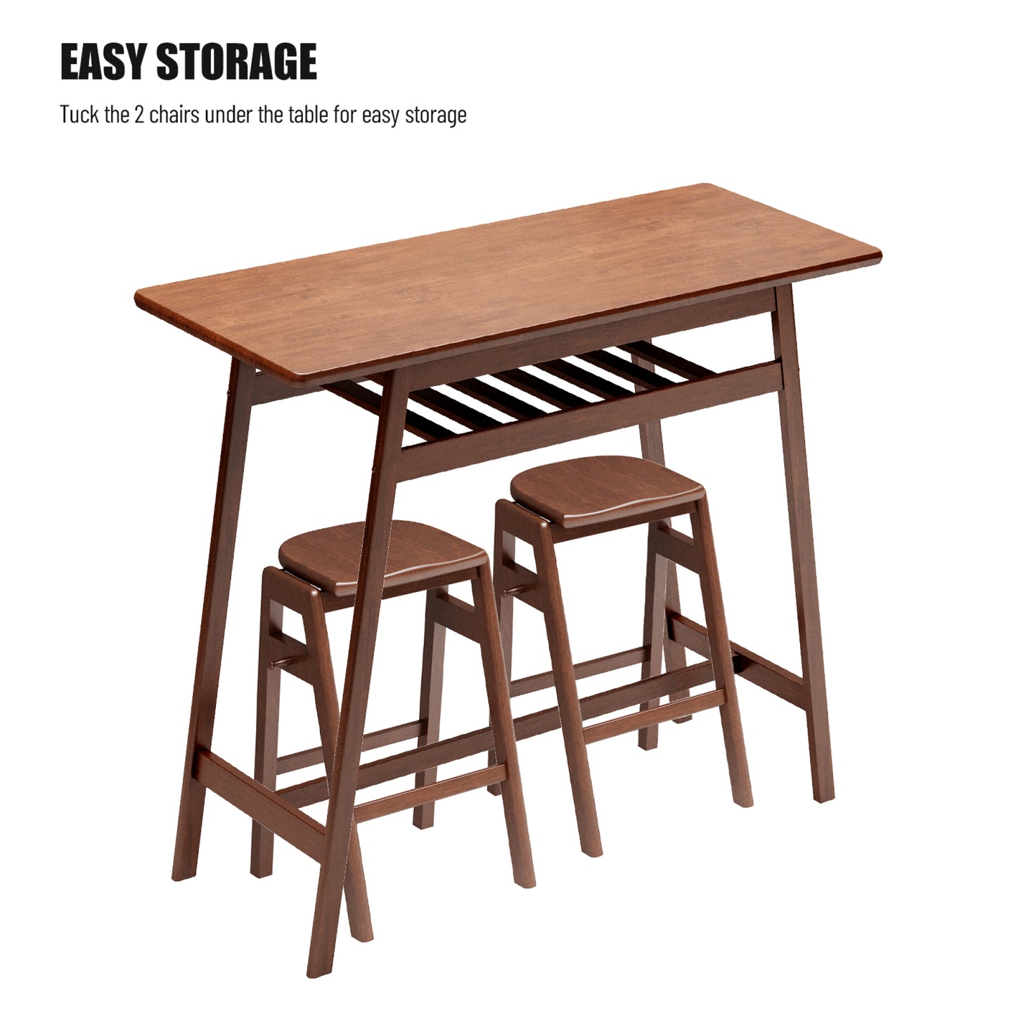 3 PCS Retro Pub Dining Set - Bar Table with Rubber Wood & Stackable Backless High Stools for 2, Shelf & Hooks