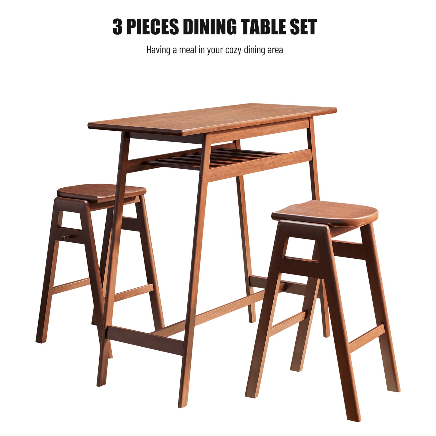 3 PCS Retro Pub Dining Set - Bar Table with Rubber Wood & Stackable Backless High Stools for 2, Shelf & Hooks