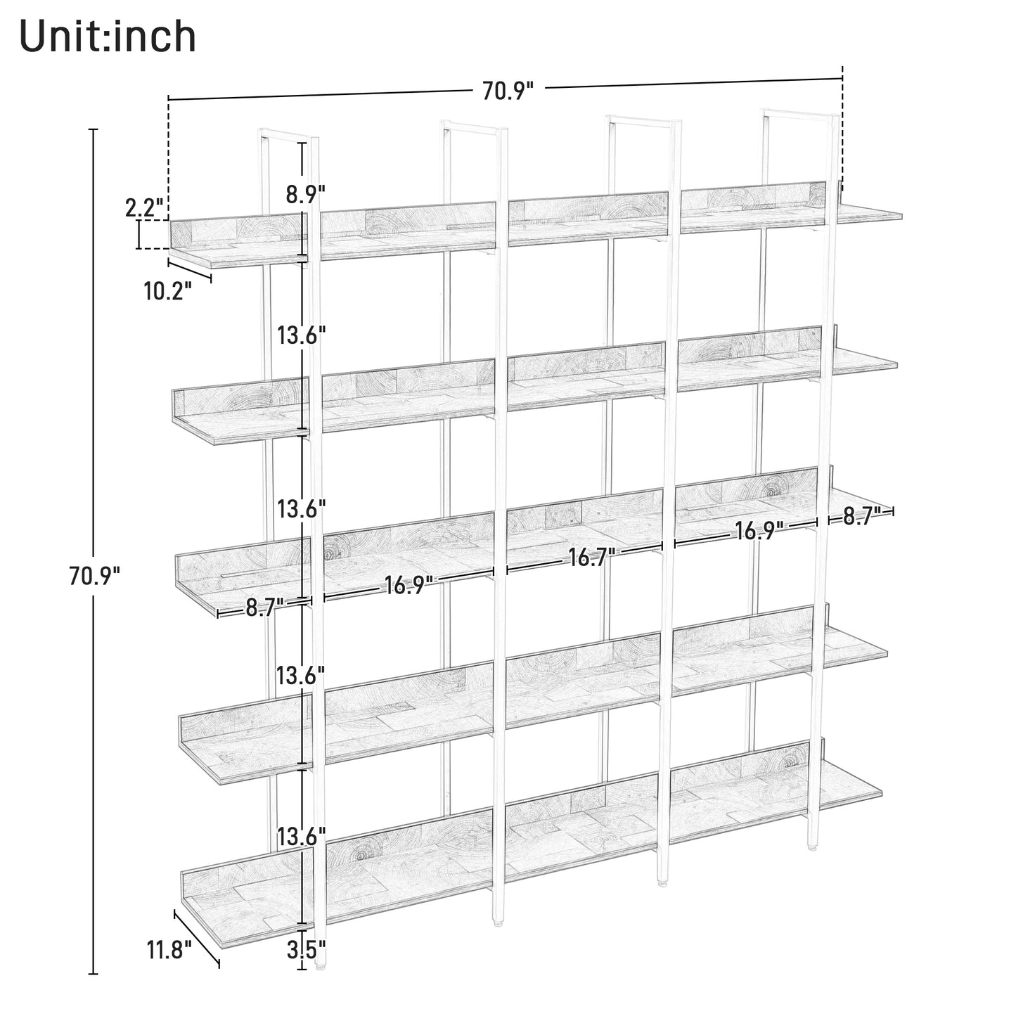 5-Tier Bookcase for Home Office, Vintage Industrial Open Bookshelf, Sturdy MDF Board & Black Metal Frame, Rustic Brown Finish