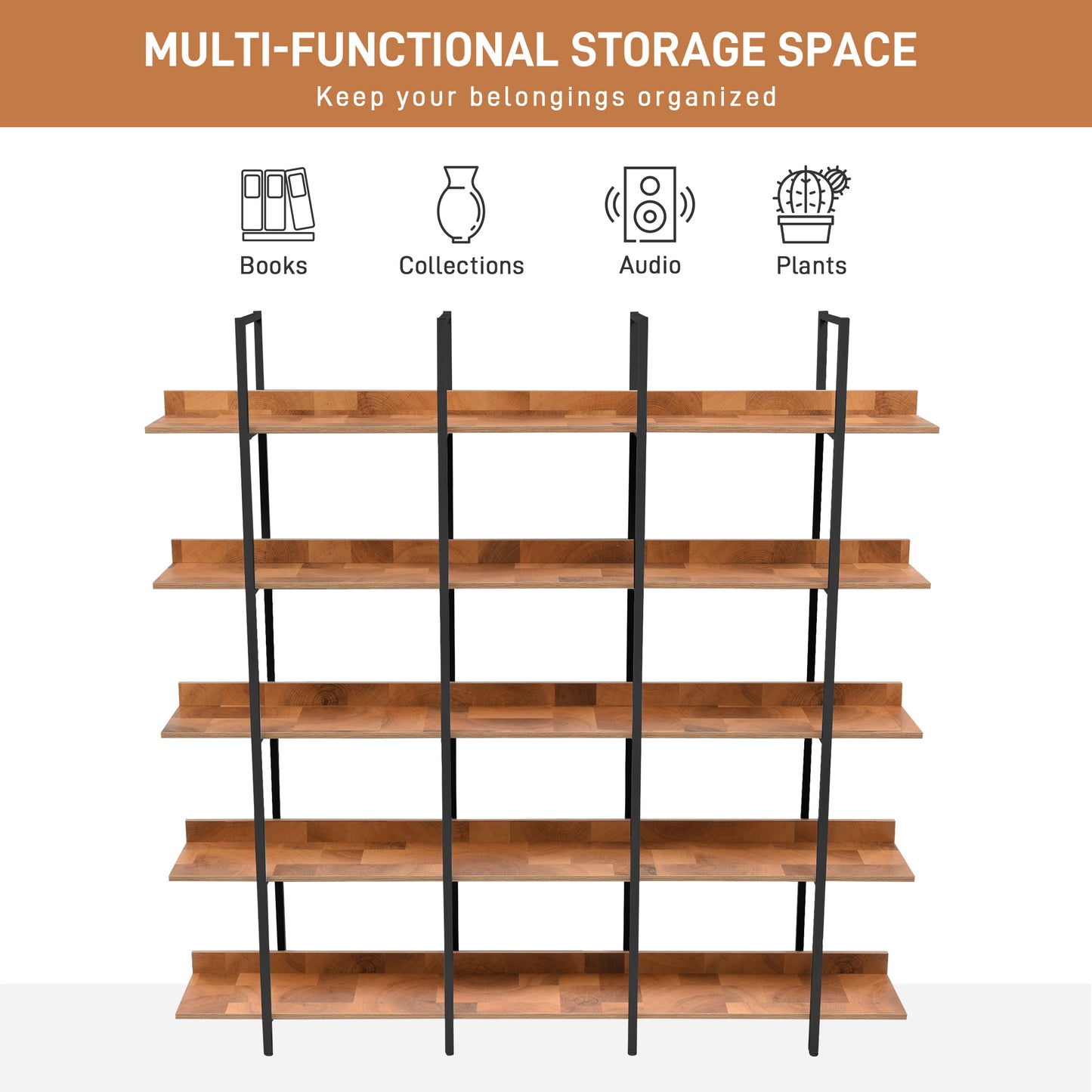 5-Tier Bookcase for Home Office, Vintage Industrial Open Bookshelf, Sturdy MDF Board & Black Metal Frame, Rustic Brown Finish