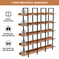 5-Tier Bookcase for Home Office, Vintage Industrial Open Bookshelf, Sturdy MDF Board & Black Metal Frame, Rustic Brown Finish