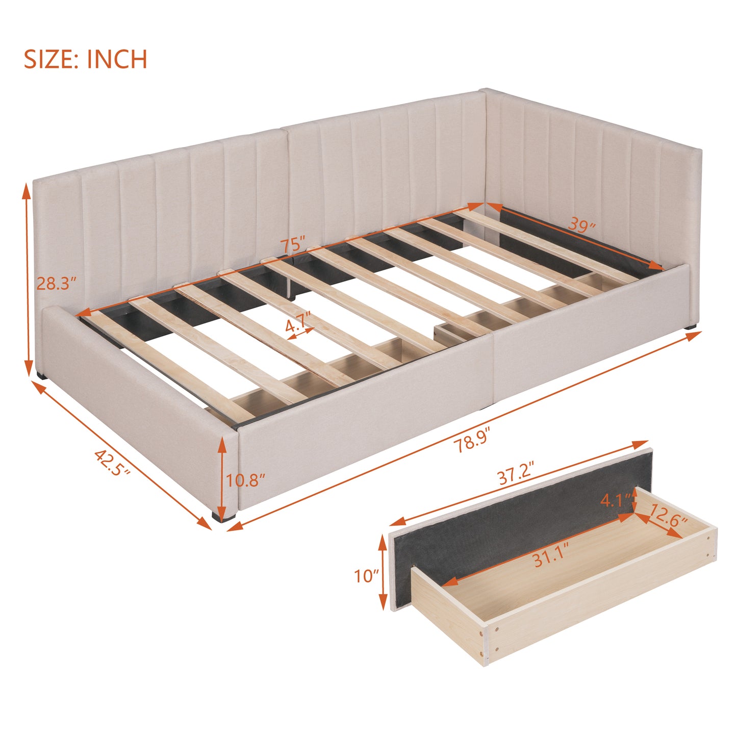 Upholstered Daybed with 2 Storage Drawers Twin Size Sofa Bed Frame No Box Spring Needed, Linen Fabric (Gray)