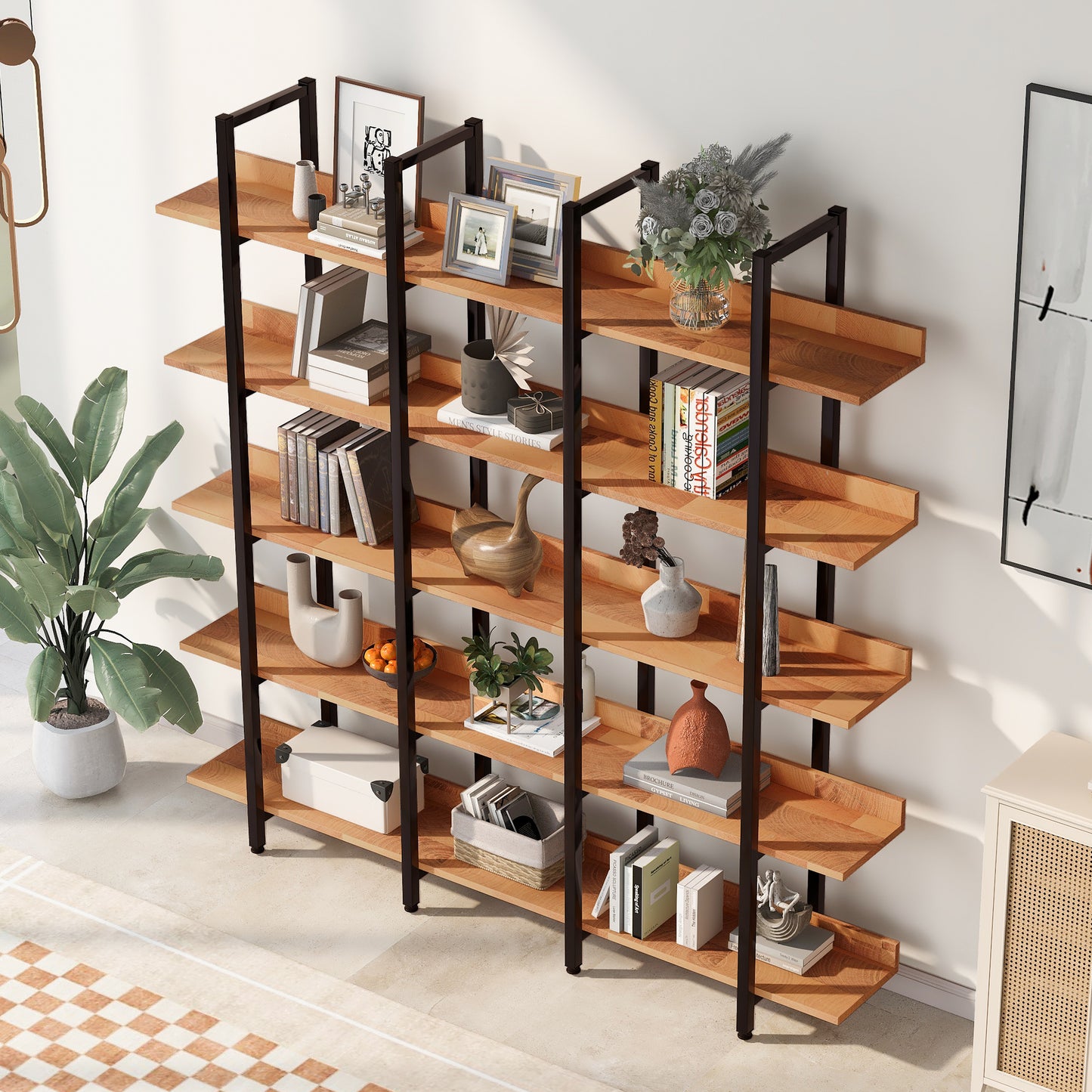 5-Tier Bookcase for Home Office, Vintage Industrial Open Bookshelf, Sturdy MDF Board & Black Metal Frame, Rustic Brown Finish