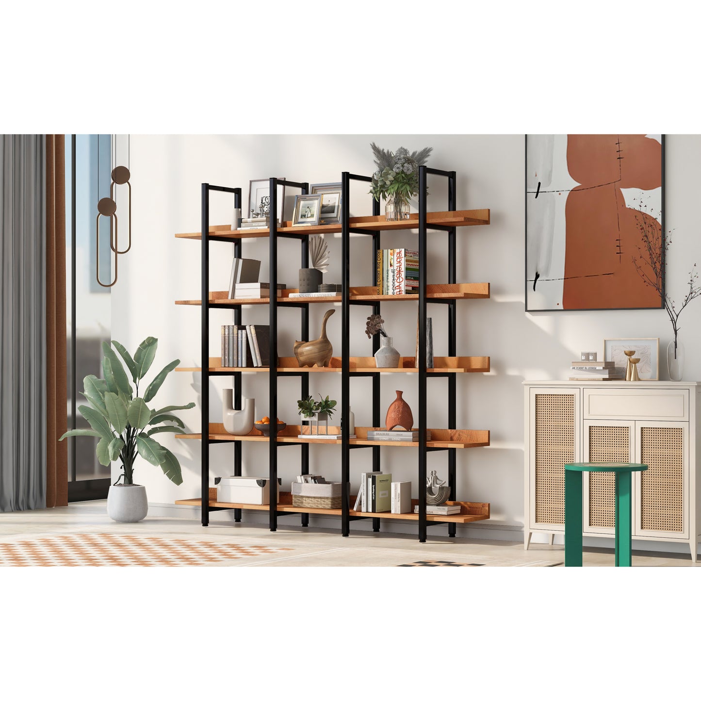 5-Tier Bookcase for Home Office, Vintage Industrial Open Bookshelf, Sturdy MDF Board & Black Metal Frame, Rustic Brown Finish