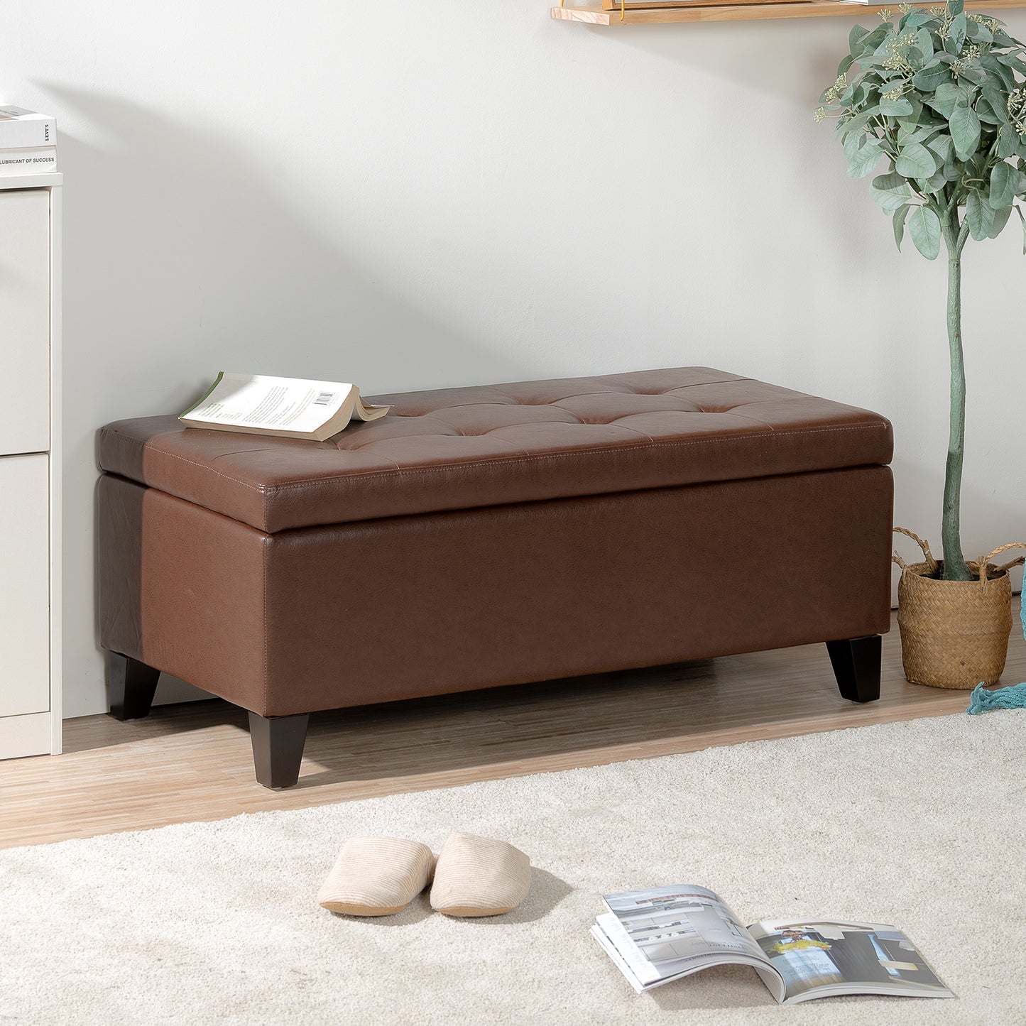 Spacious Storage Ottoman With Wooden Legs Faux Leather Footrest For Living Room Bedroom And Hallway