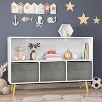 Kids Bookcase with Collapsible Fabric Drawers - Children's Book Display & Toy Storage Organizer, White/Gray, Stylish