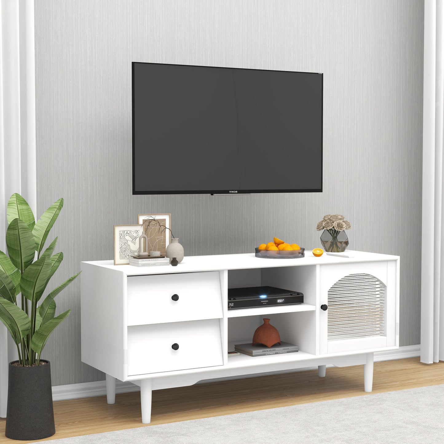 White TV Stand with Drawers and Open Shelves, Stylish Cabinet with Glass Doors for Living Room Storage