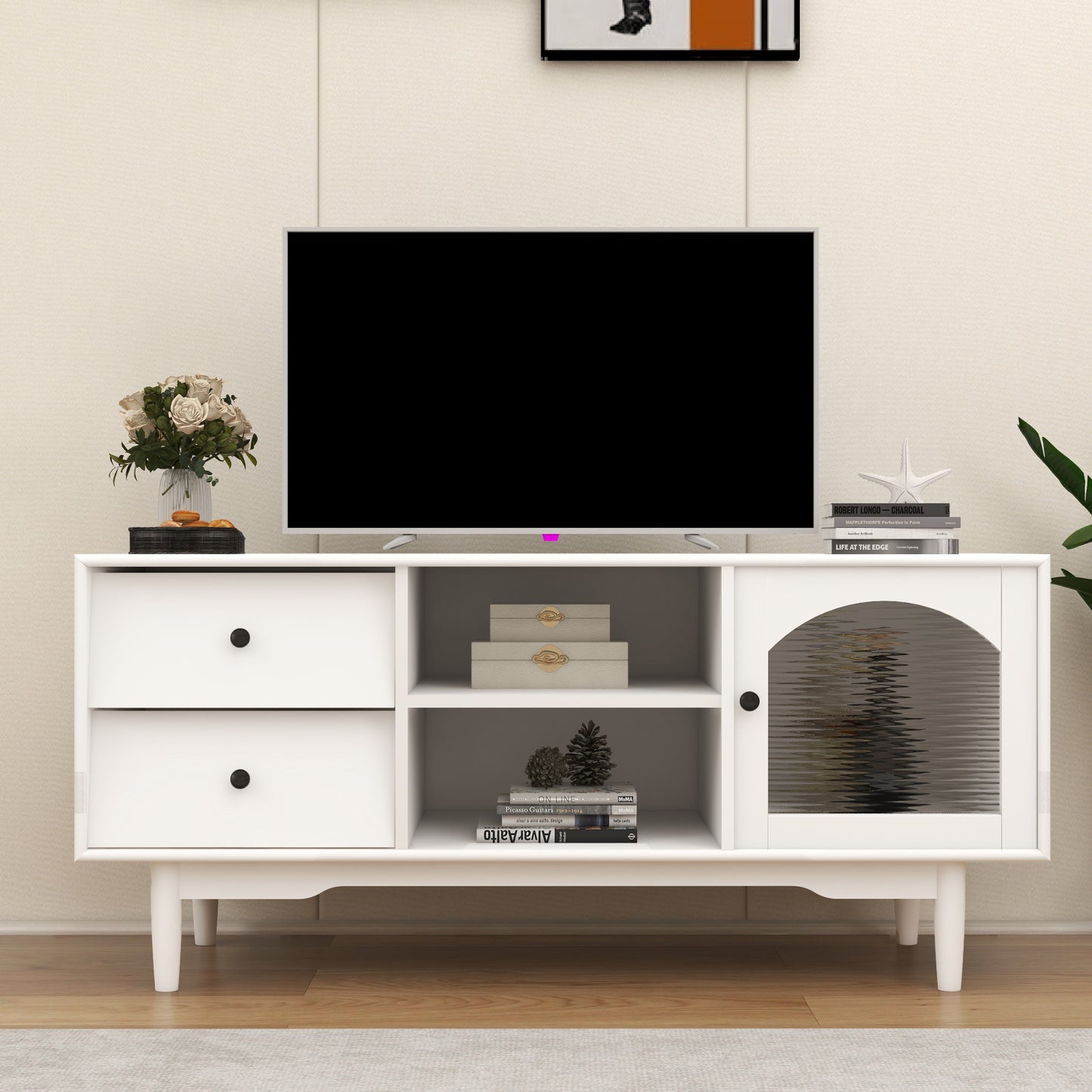 White TV Stand with Drawers and Open Shelves, Stylish Cabinet with Glass Doors for Living Room Storage