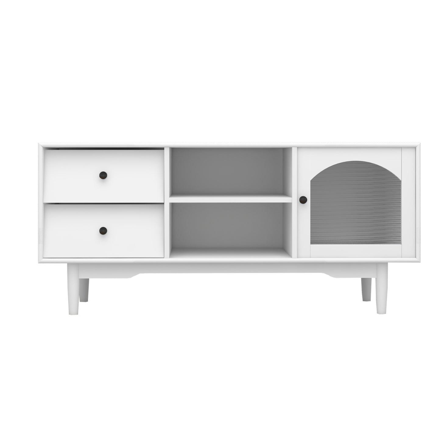 White TV Stand with Drawers and Open Shelves, Stylish Cabinet with Glass Doors for Living Room Storage