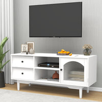 White TV Stand with Drawers and Open Shelves, Stylish Cabinet with Glass Doors for Living Room Storage