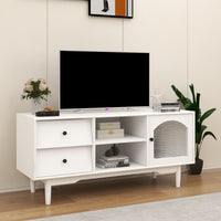 White TV Stand with Drawers and Open Shelves, Stylish Cabinet with Glass Doors for Living Room Storage