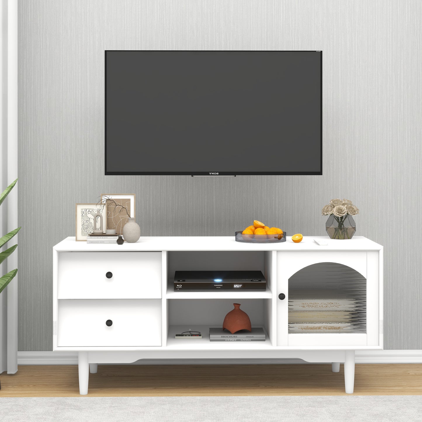 White TV Stand with Drawers and Open Shelves, Stylish Cabinet with Glass Doors for Living Room Storage