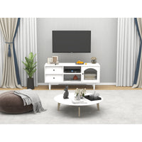 White TV Stand with Drawers and Open Shelves, Stylish Cabinet with Glass Doors for Living Room Storage