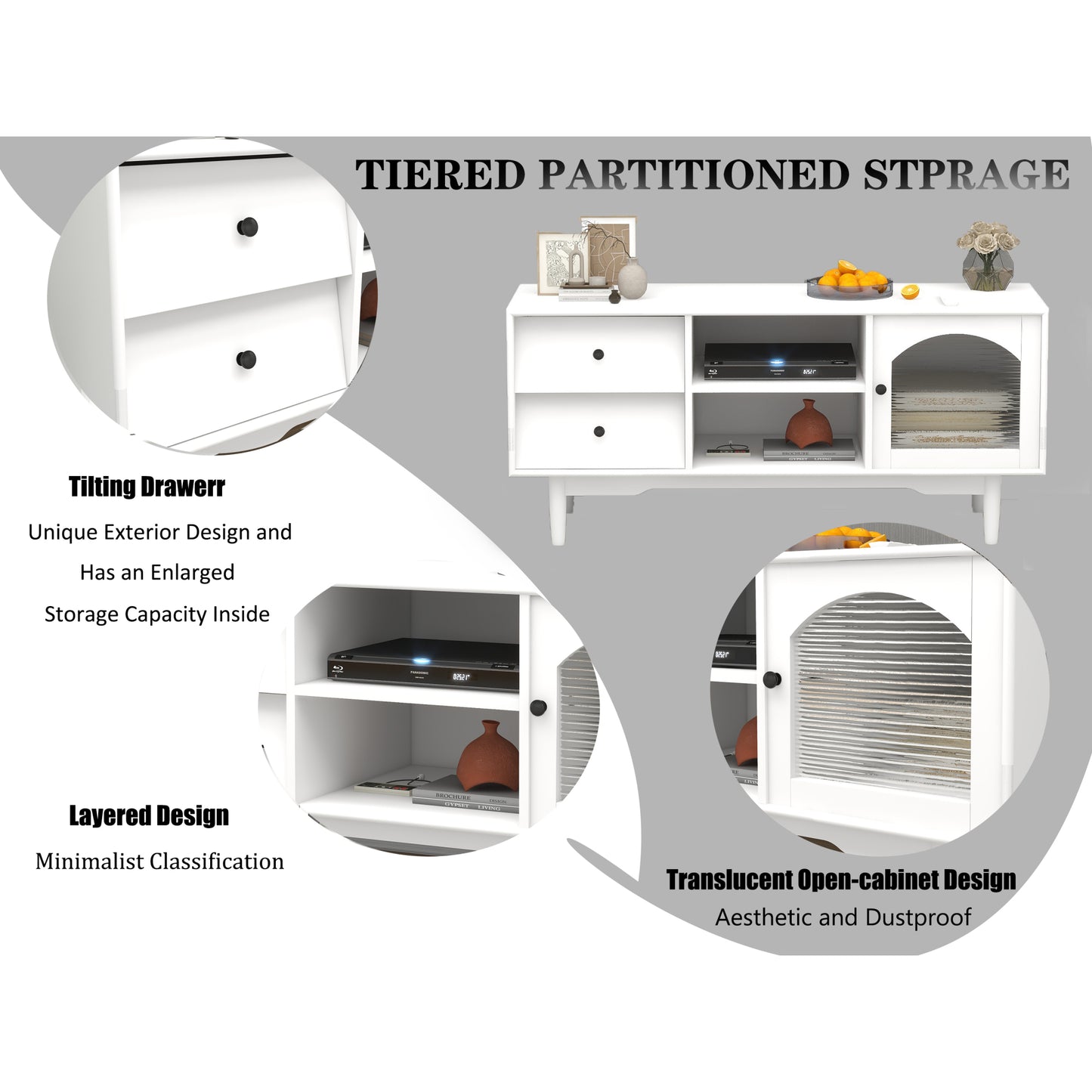 White TV Stand with Drawers and Open Shelves, Stylish Cabinet with Glass Doors for Living Room Storage