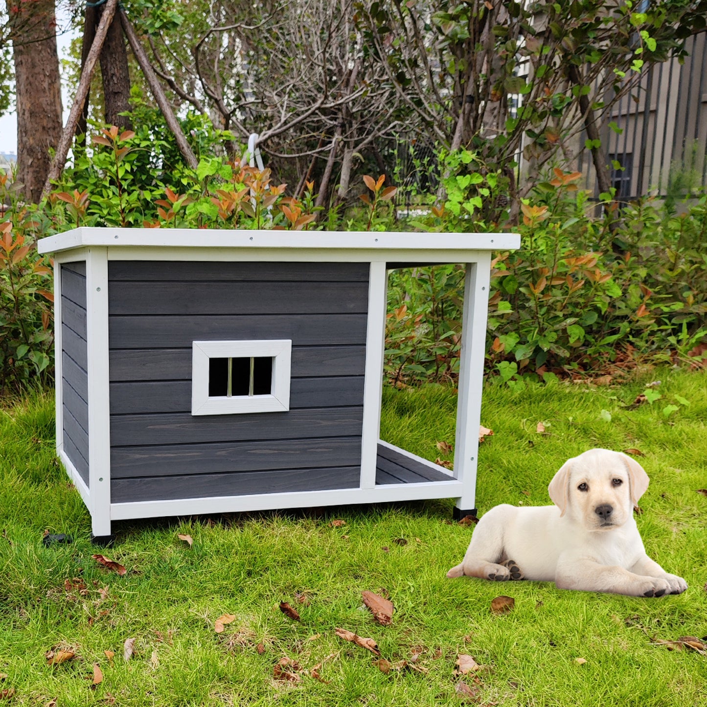 Outdoor Puppy Dog Kennel - Waterproof Wooden Dog House with Porch Deck for Large Dogs