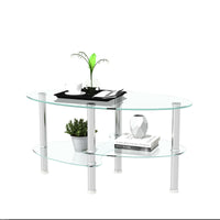 Transparent Oval Glass Coffee Table with Stainless Steel Legs - Modern 3-Layer Tea Table for Living Room Elegance