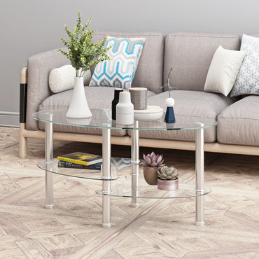 Transparent Oval Glass Coffee Table with Stainless Steel Legs - Modern 3-Layer Tea Table for Living Room Elegance