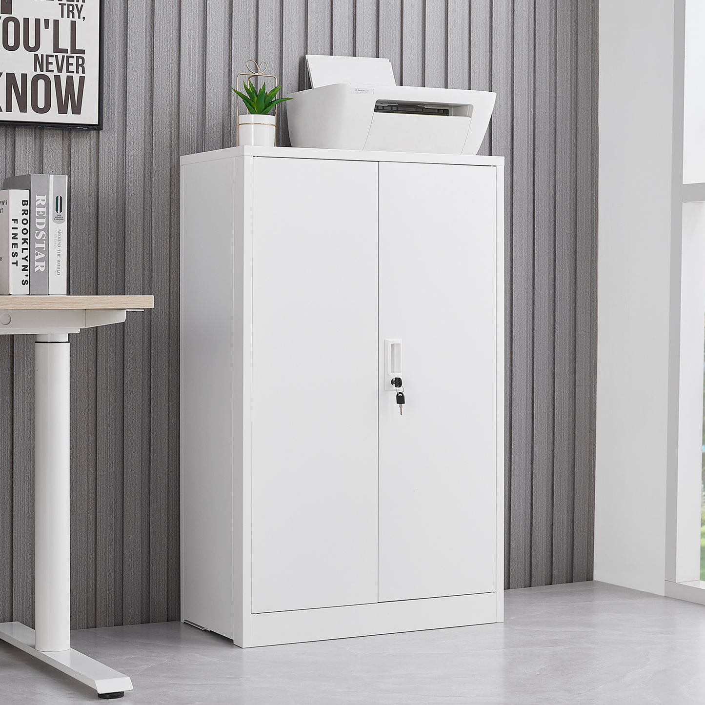Metal Storage Cabinet with Locking Doors, Adjustable Shelf - Folding Filing Locker for Home Office, School, Garage - White