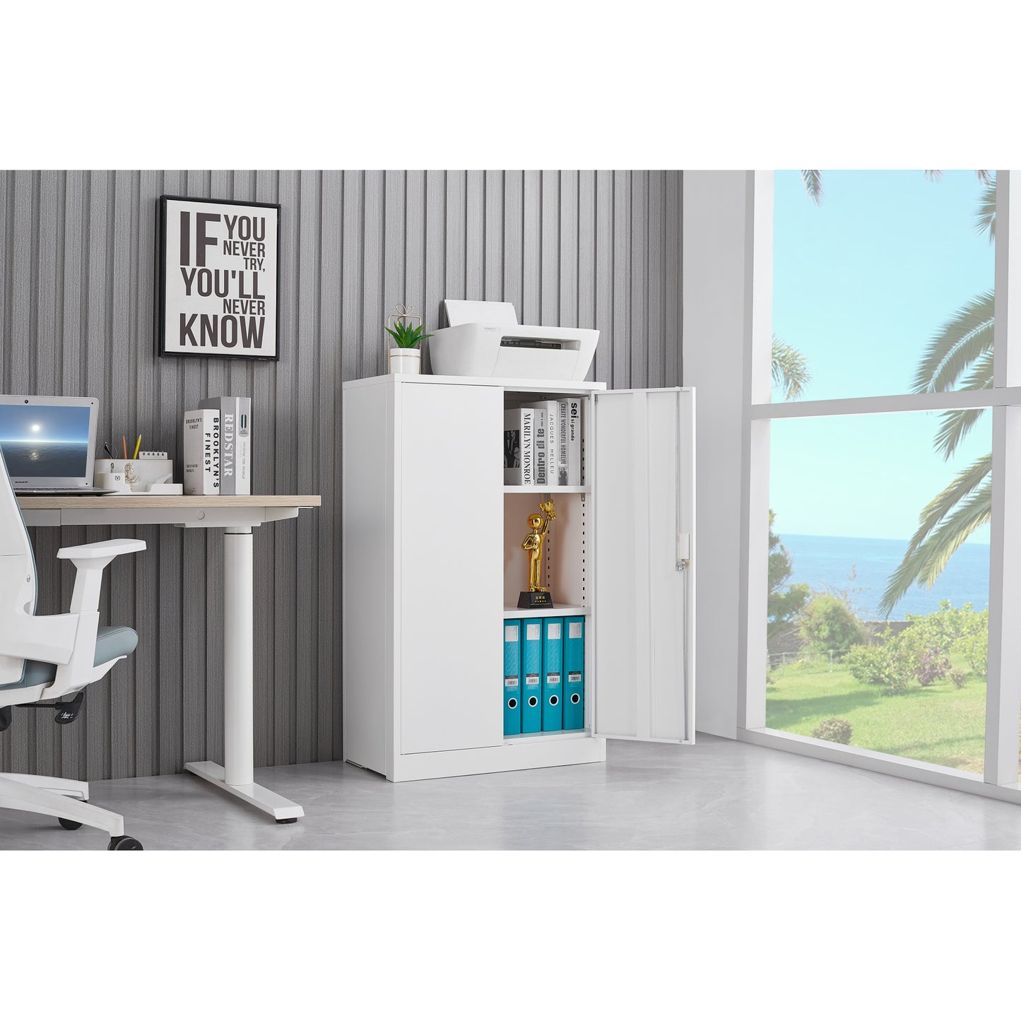 Metal Storage Cabinet with Locking Doors, Adjustable Shelf - Folding Filing Locker for Home Office, School, Garage - White