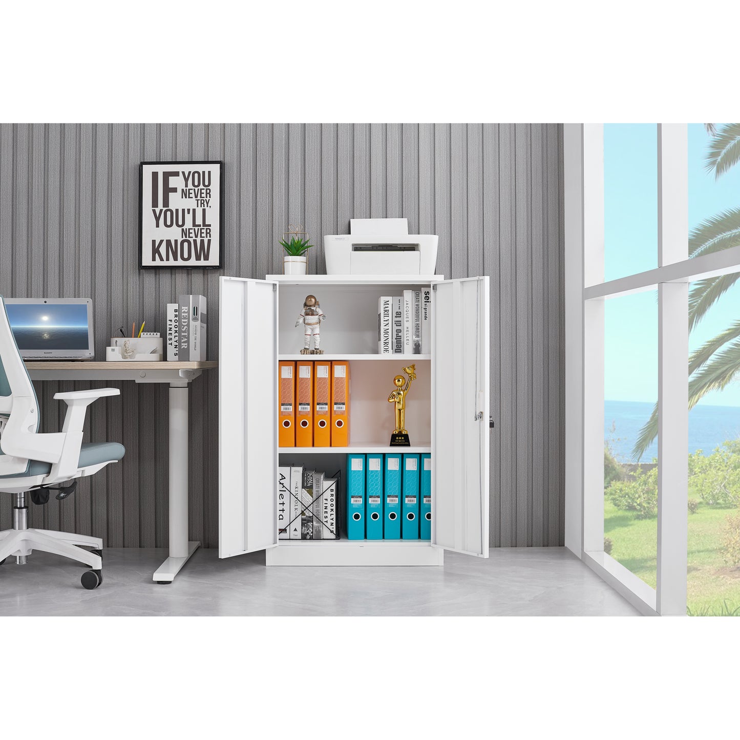 Metal Storage Cabinet with Locking Doors, Adjustable Shelf - Folding Filing Locker for Home Office, School, Garage - White