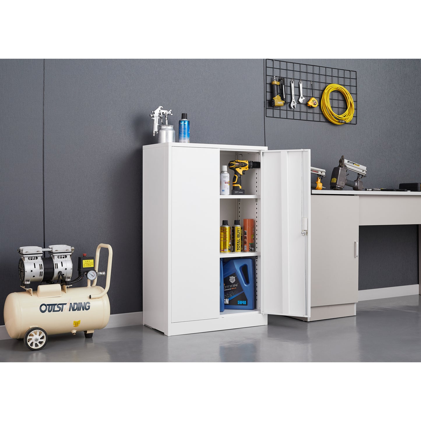 Metal Storage Cabinet with Locking Doors, Adjustable Shelf - Folding Filing Locker for Home Office, School, Garage - White