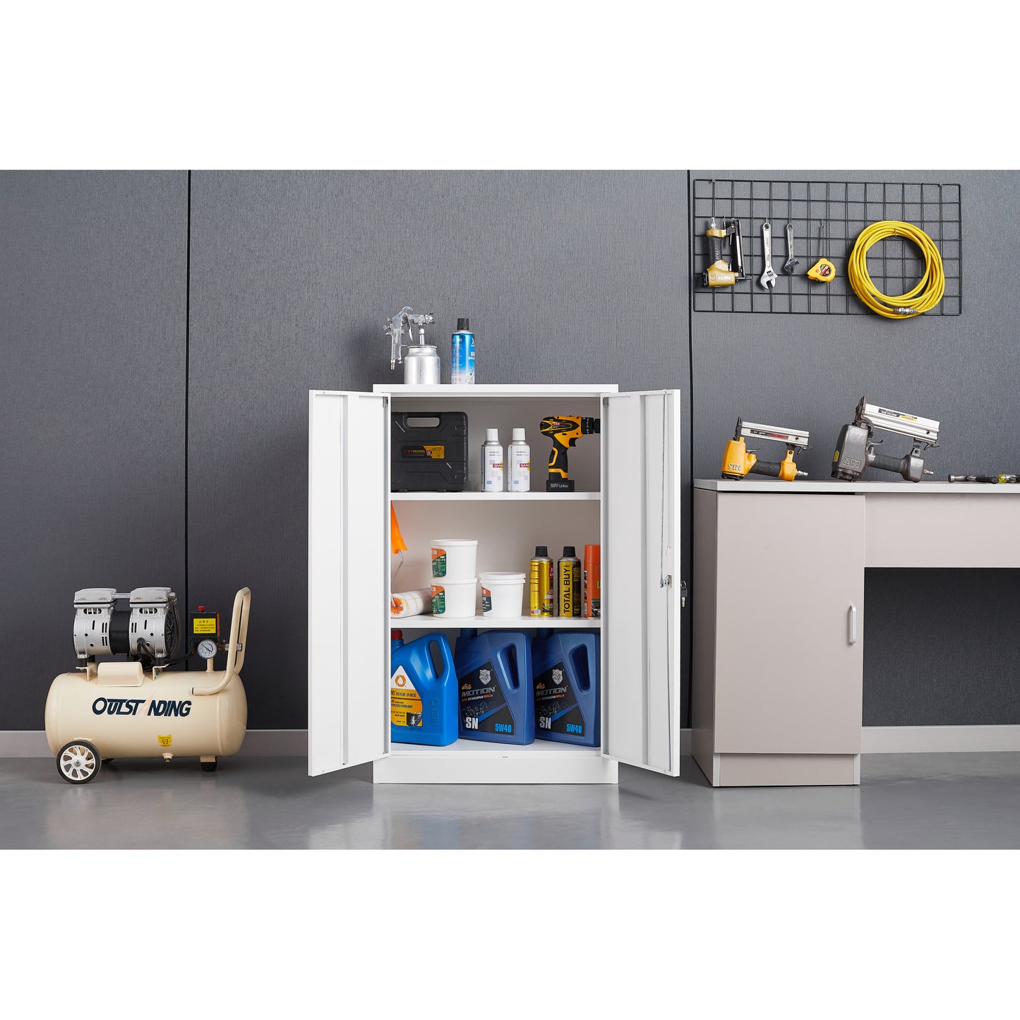 Metal Storage Cabinet with Locking Doors, Adjustable Shelf - Folding Filing Locker for Home Office, School, Garage - White