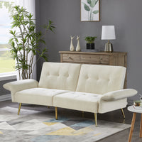 78” Italian Velvet Futon Sofa Bed - Convertible Sleeper Loveseat Couch with Folded Armrests & Storage Bags, Beige