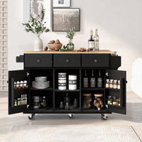 Black Kitchen Island Cart with Rubberwood Drop-Leaf Top Storage Cabinet and 3 Drawers on Wheels