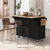 Black Kitchen Island Cart with Rubberwood Drop-Leaf Top Storage Cabinet and 3 Drawers on Wheels