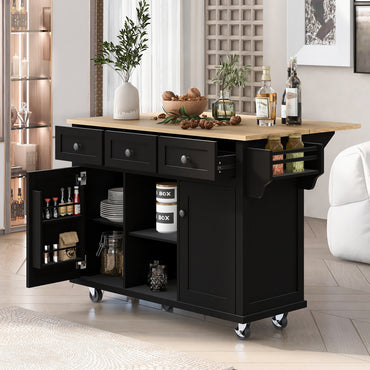 Black Kitchen Island Cart with Rubberwood Drop-Leaf Top Storage Cabinet and 3 Drawers on Wheels