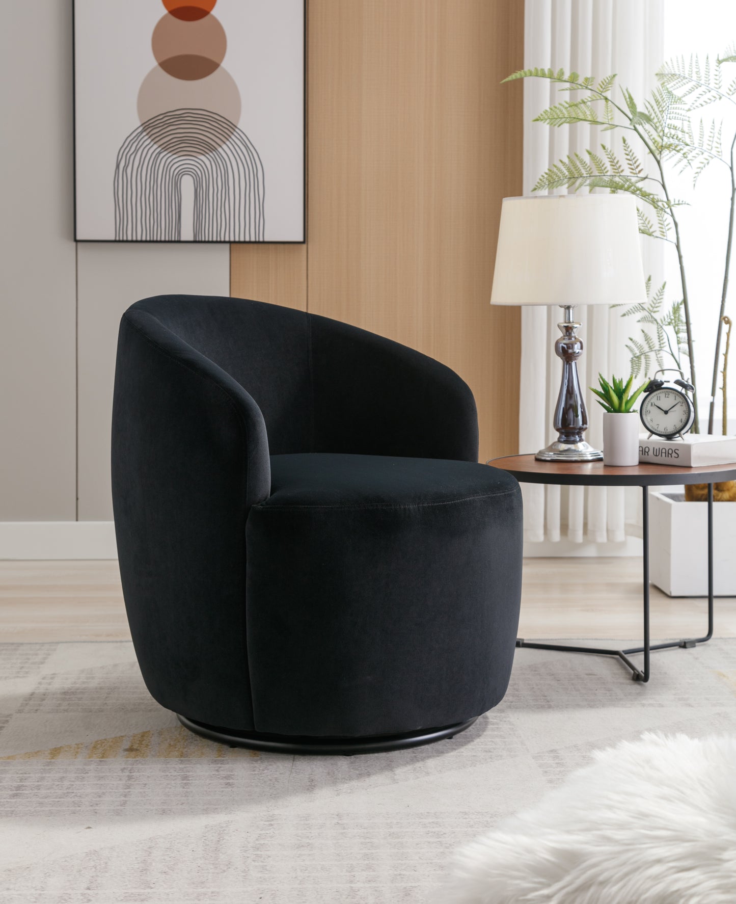 Velvet Fabric Swivel Accent Armchair Barrel Chair With Black Powder Coating Metal Ring,Black