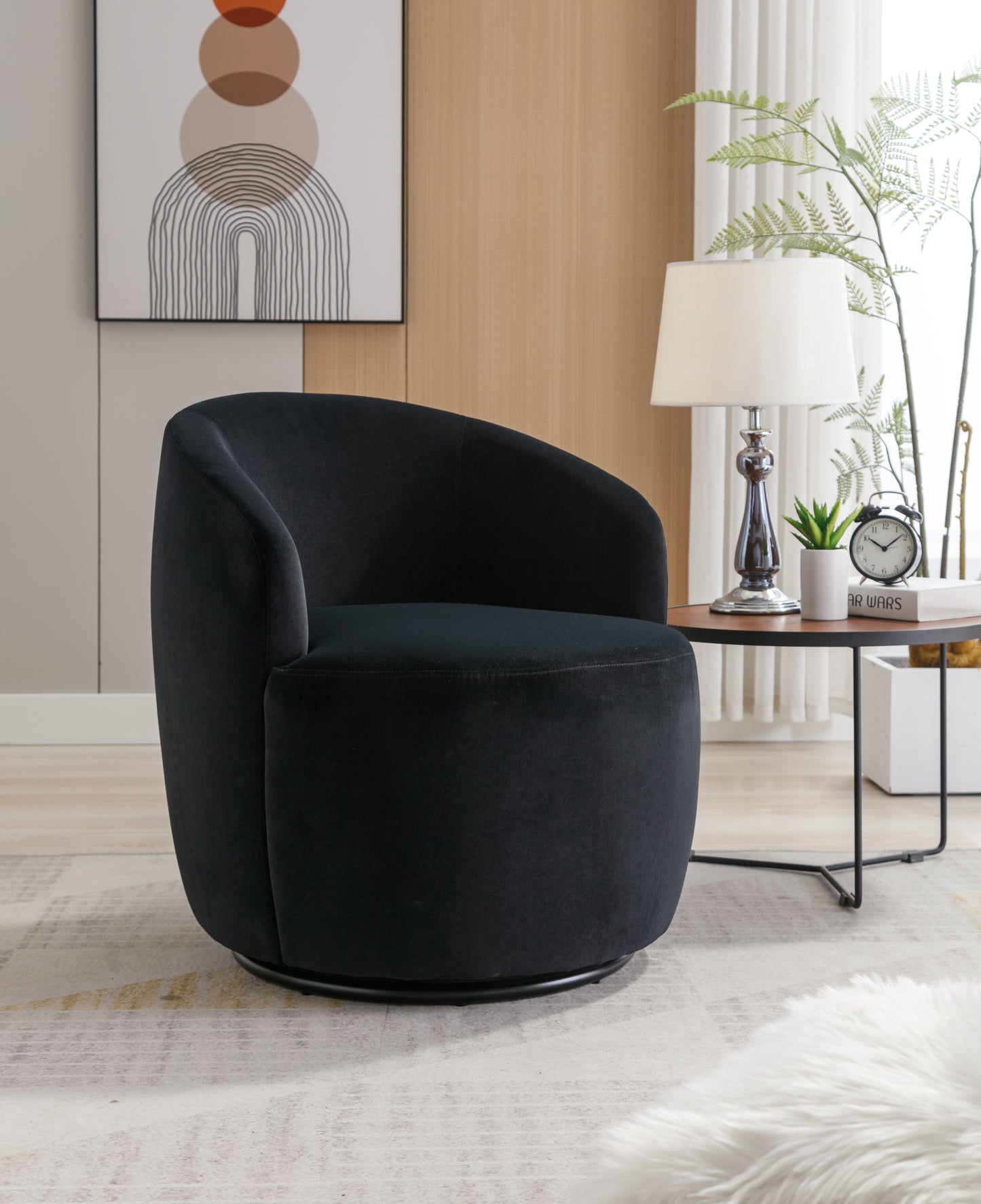 Velvet Fabric Swivel Accent Armchair Barrel Chair With Black Powder Coating Metal Ring,Black