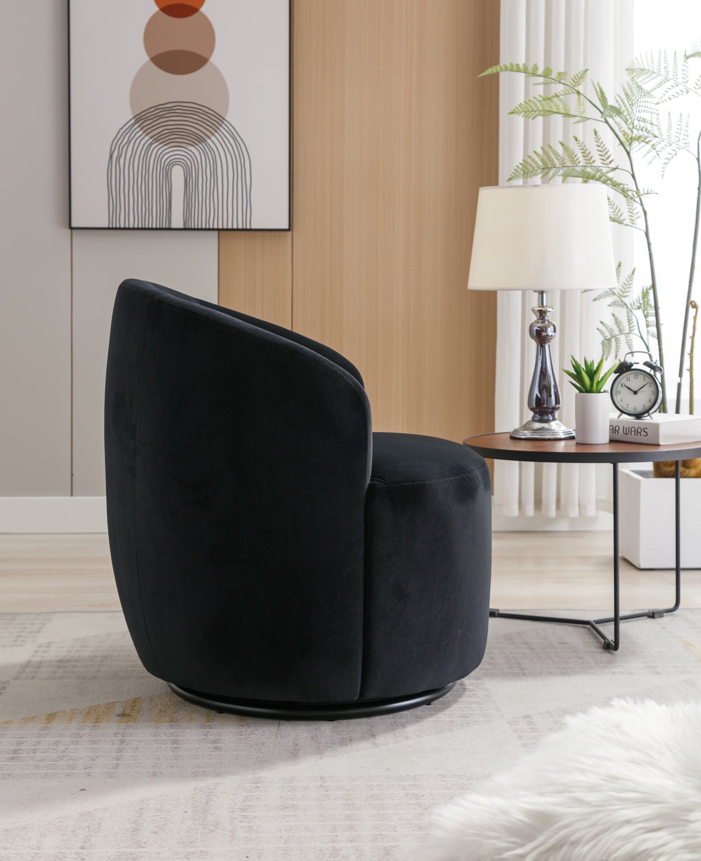 Velvet Fabric Swivel Accent Armchair Barrel Chair With Black Powder Coating Metal Ring,Black