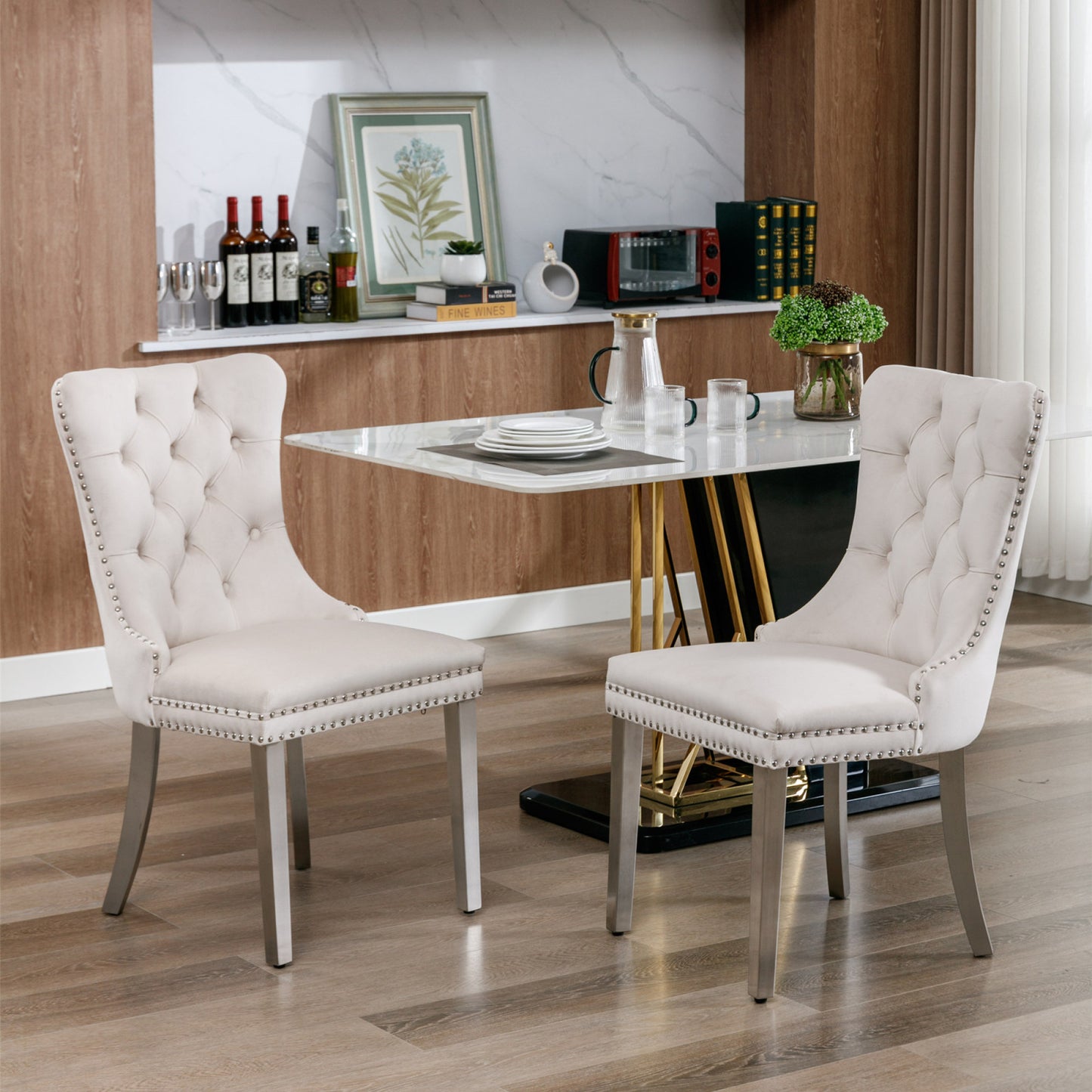 Modern High-End Tufted Velvet Dining Chair Set of 2 - Solid Wood Frame, Chrome Legs, Nailhead Trim, Beige Upholstered, Contemporary Design