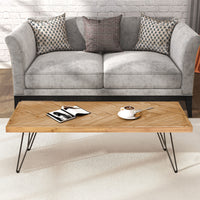 Modern Coffee Table with Chevron Pattern & Metal Hairpin Legs - Easy Assembly Tea/Cocktail Table for Living Room, Ash Wood Finish