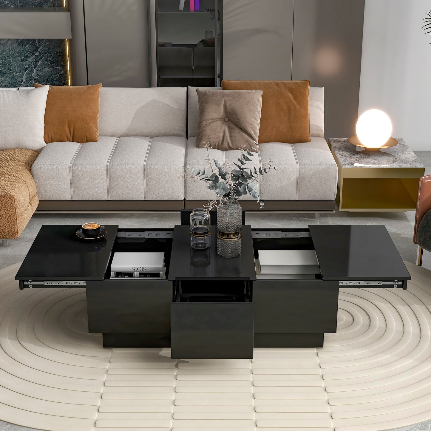 Modern Coffee Table with Hidden Storage Compartments, Extendable Design, 2 Drawers, High-Gloss Finish, Sliding Top, Black