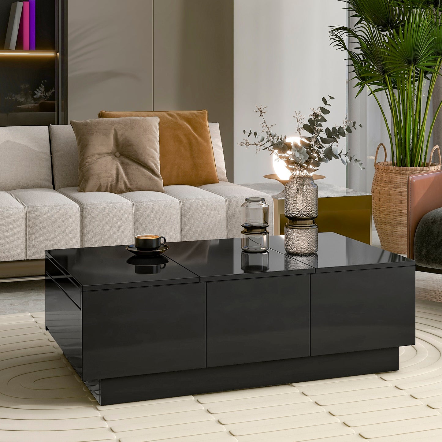 Modern Coffee Table with Hidden Storage Compartments, Extendable Design, 2 Drawers, High-Gloss Finish, Sliding Top, Black